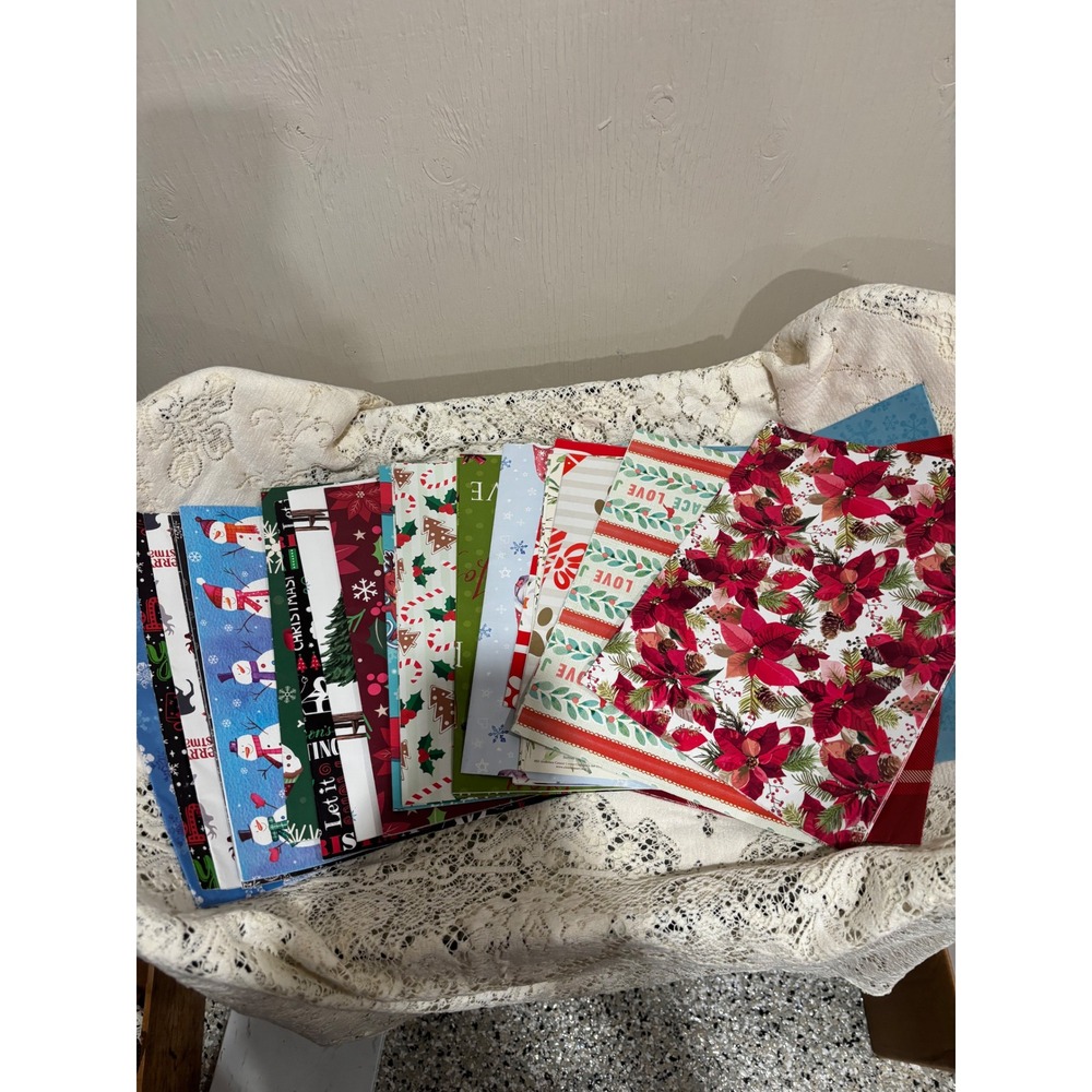 Assorted Christmas Gift Wrap Paper Sheets Poinsettia Snowman Holiday Craft 12pk